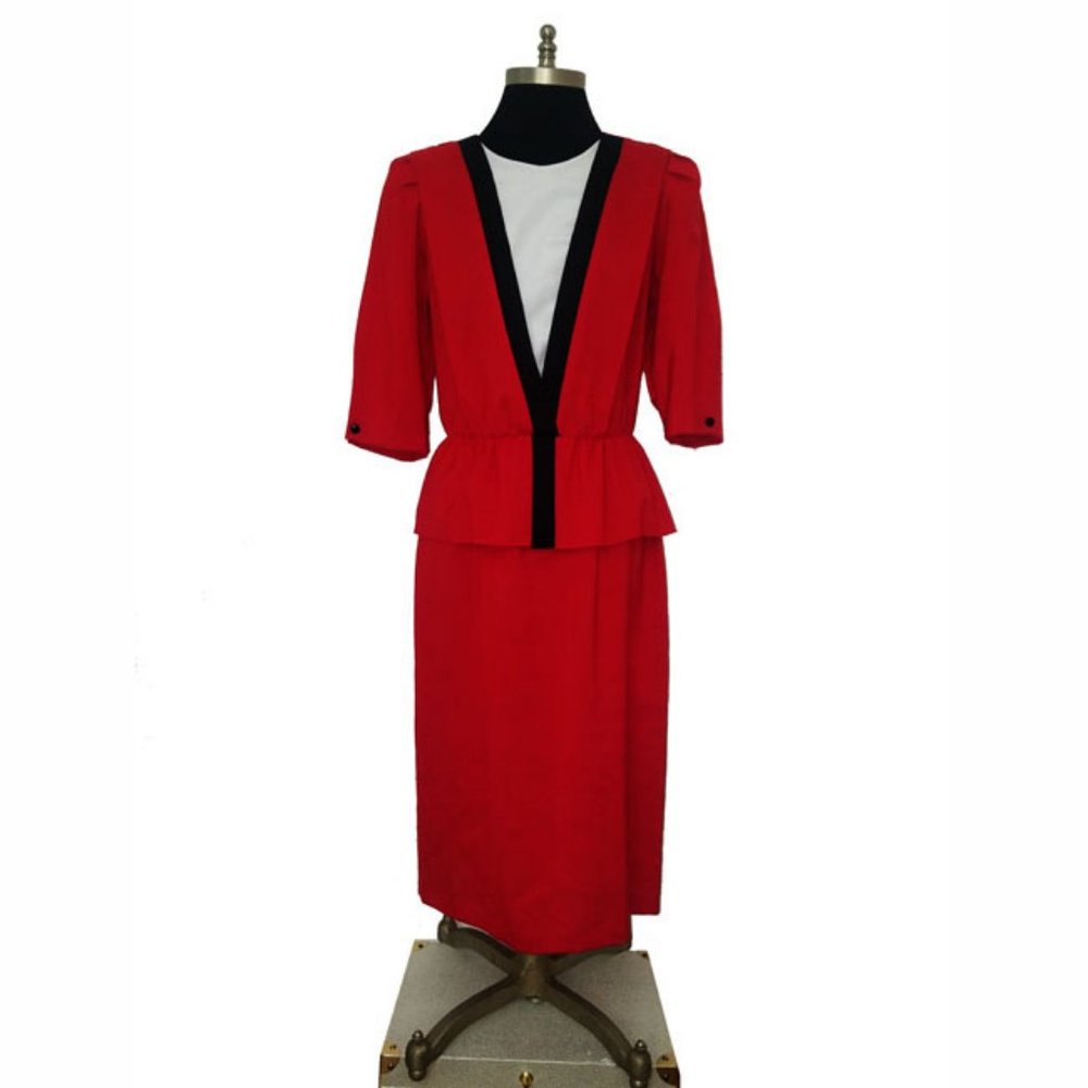 Vtg 80s Red Black White Peplum Dress 12